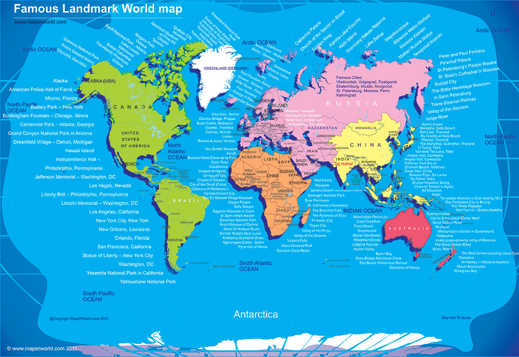 World travel map with famous destinations of the world