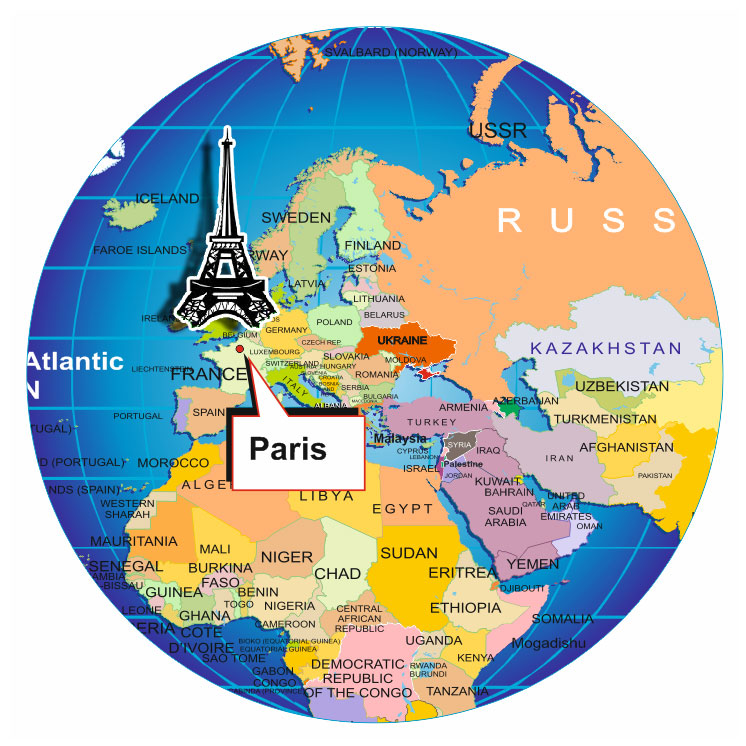 Paris Location On The Globe Wold Map