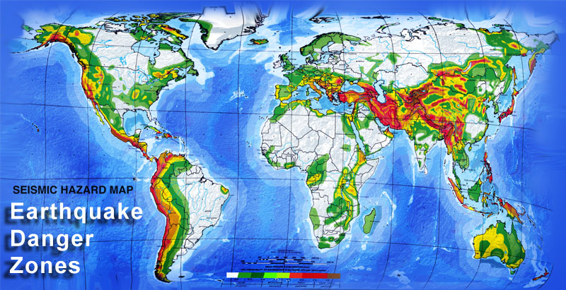 Earthquake danger zone, seismic hazard zones world map